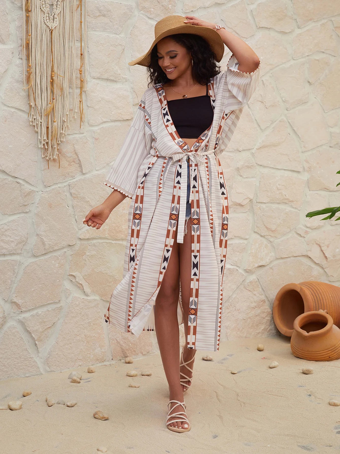 2024 Summer Bikini Cover Ups For Women Printed Kaftan Beach Dress Over Size Sun Protection Kimono Robe Playa Open Front Long