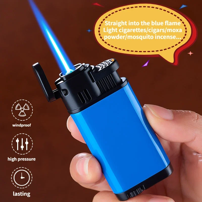 Simple and Atmospheric Straight Blue Flame Lighter Gas Lighter Press Ignition Windproof Cigarette Accessories Igniter