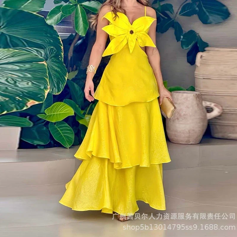 Floral Hollow Out Cami Dress Women Party Long Dresses Sling Sleeveless Slim Maxi Ruffles Backless A Line Vestidos Summer Elegant