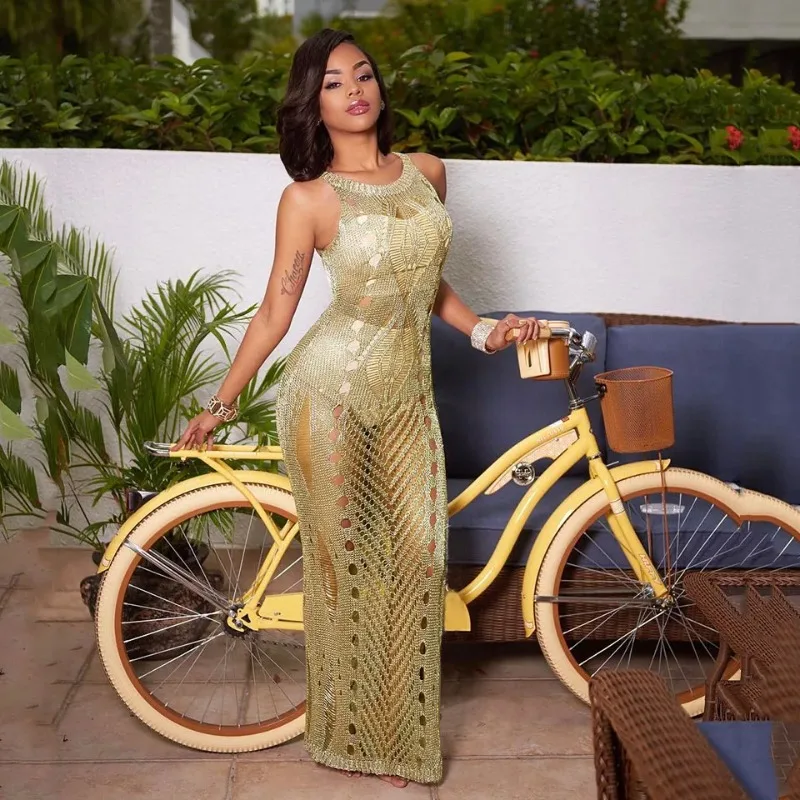 

Сексуальное прозрачное золотое металлическое потертое трикотажное пляжное платье без рукавов, женское эластичное сетчатое платье Клубная одежда, платье макси