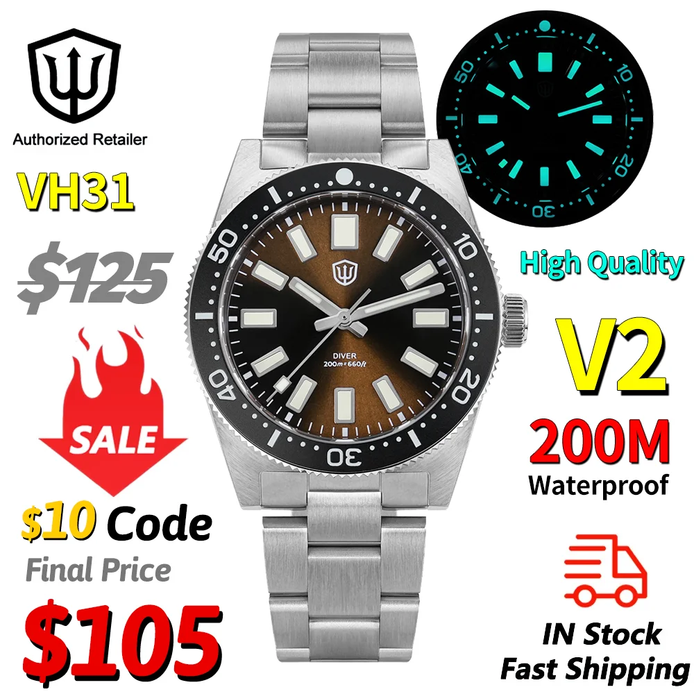 

Watchdives WD1965 V2 Роскошные дайверские часы VH31 Кварцевые часы со светящимся сапфиром 20 бар Водонепроницаемые 38 мм Винтаж 62Mas Reloj Часы