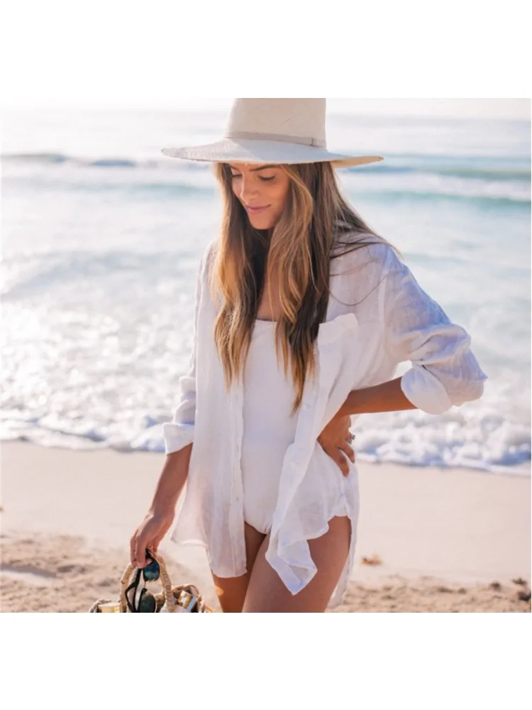 Women White Cotton Long Sleeve Shirt Blouse Top with Pocket Beach Cover Up Dress Casual Summer Beachwear