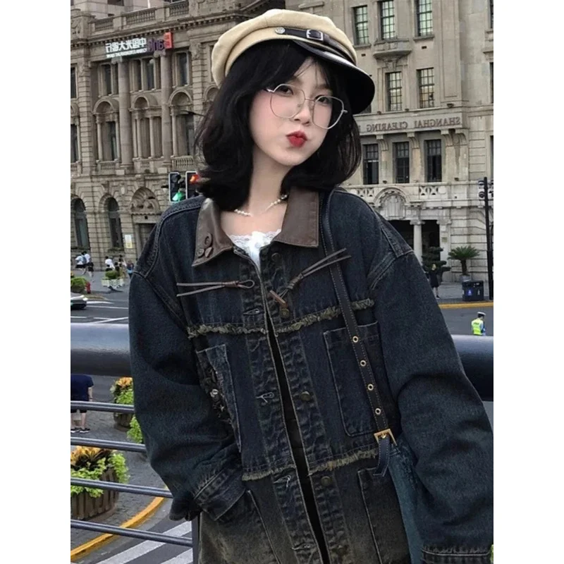 Jaket Jeans Bordir Kartun Musim Semi Mantel Rumbai Kasual Longgar Estetika Y2k Ritsleting Wanita Atasan Grunge Kancing Sebaris Harajuku