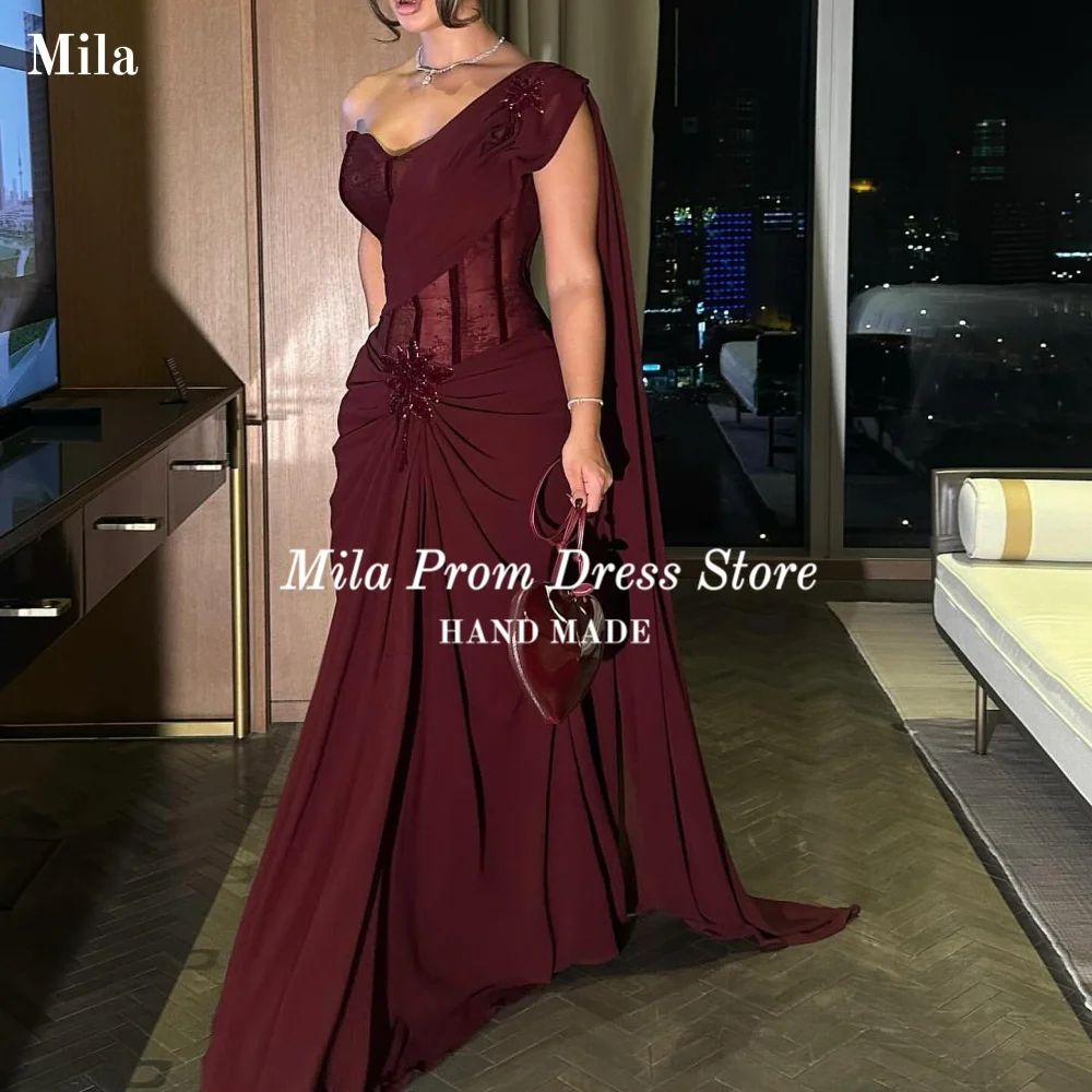 

Mila Saudi Burgundy Chiffon Prom Dress One Shoulder Formal Evening Dresses Women Mermaid Robes Invitée Mariage Dubai Customized