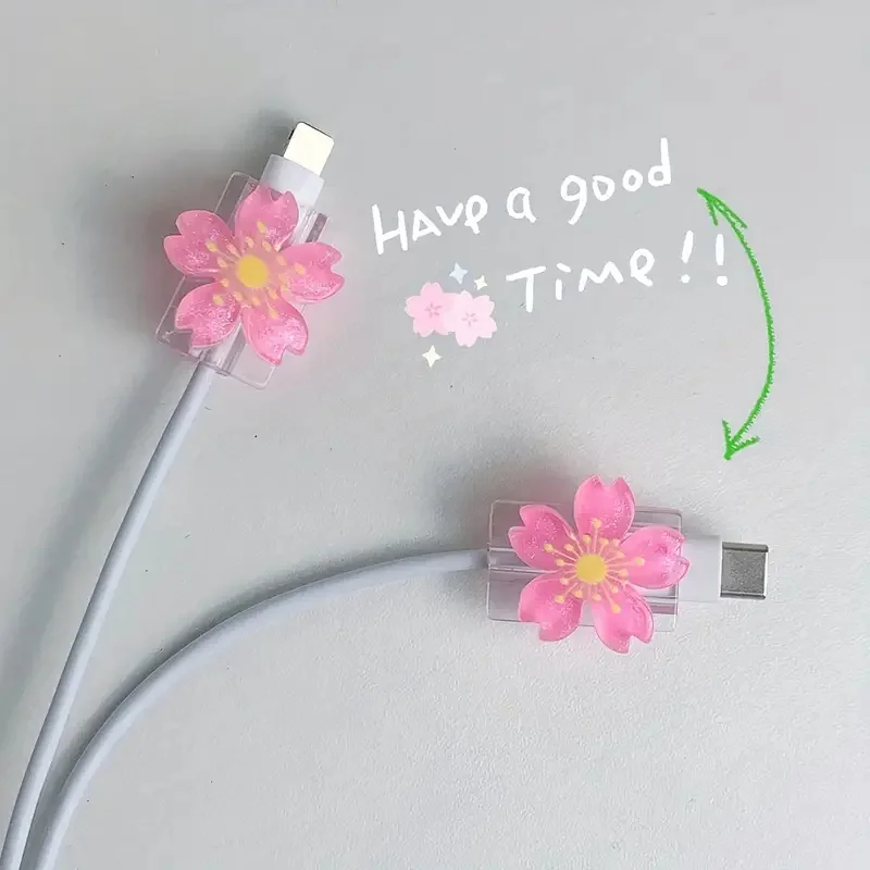 Cartoon Cute Protector Cover Candy Color Flowers Charger Protector Organizer Kawaii Data Line Cord Winder For iPhone Anti-break