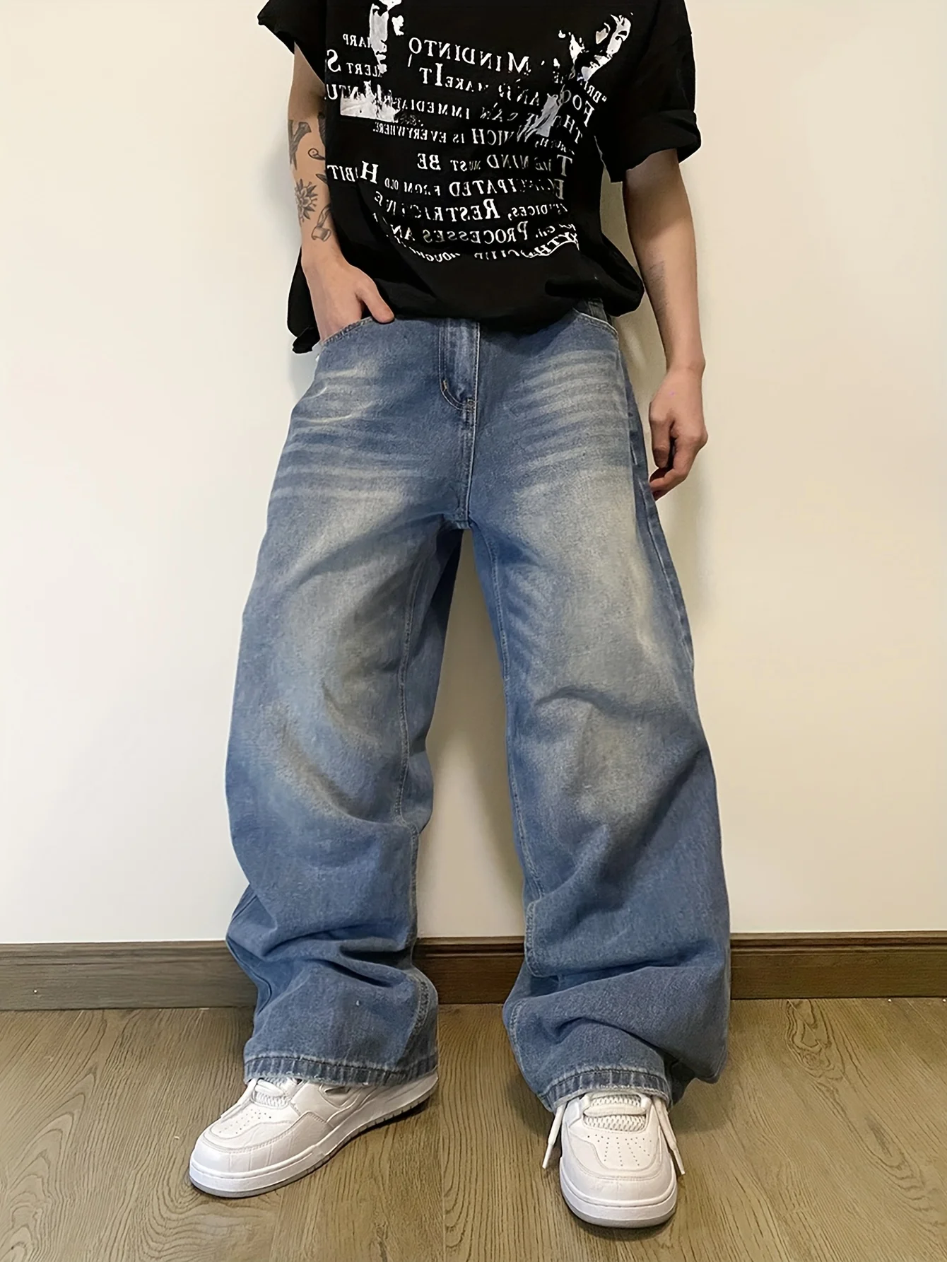 Męskie szerokie jeansy Y2K z szerokimi nogawkami, dżinsowe spodnie w stylu vintage z prostymi nogawkami, codzienne spodnie dżinsowe z kieszeniami, streetwear