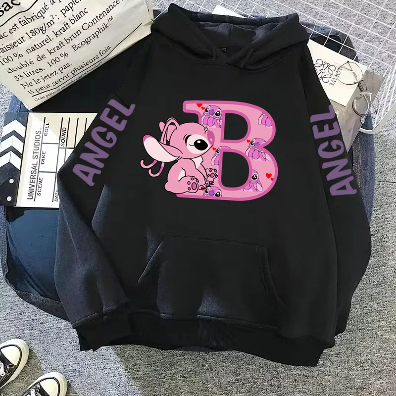 2024 Women's Winter Jacket Cute Kawaii Disney Lilo & Stitch Lucky Letter Print Black Hoodie Fashion Couple Streetwear Sportswear