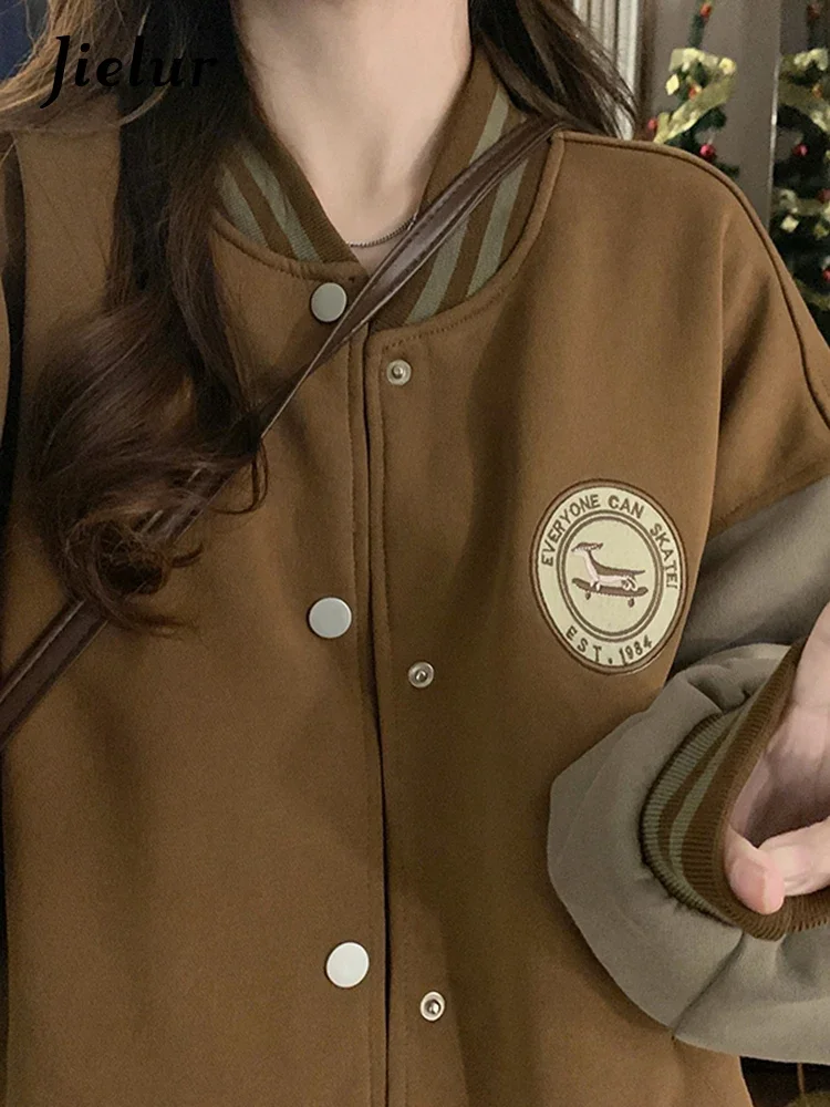 

Autumn New Contrast Color Slim Jacket Woman Casual Loose Street Jacket Female Brown Black Vintage Chily Top Women