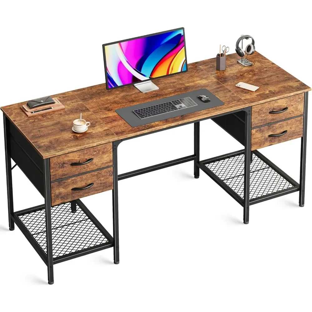 55 Inch Computer Desk with 4 Drawers, Office Desk with Mesh Shelf, Gaming Desk, Large Storage