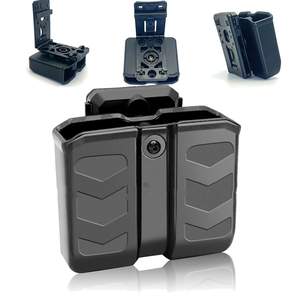 Tactical Double Row Magazine Quick Release Sleeve Outdoor Pistol Mag Holder With 360° Belt Clip Attachment for Hunting Shooting