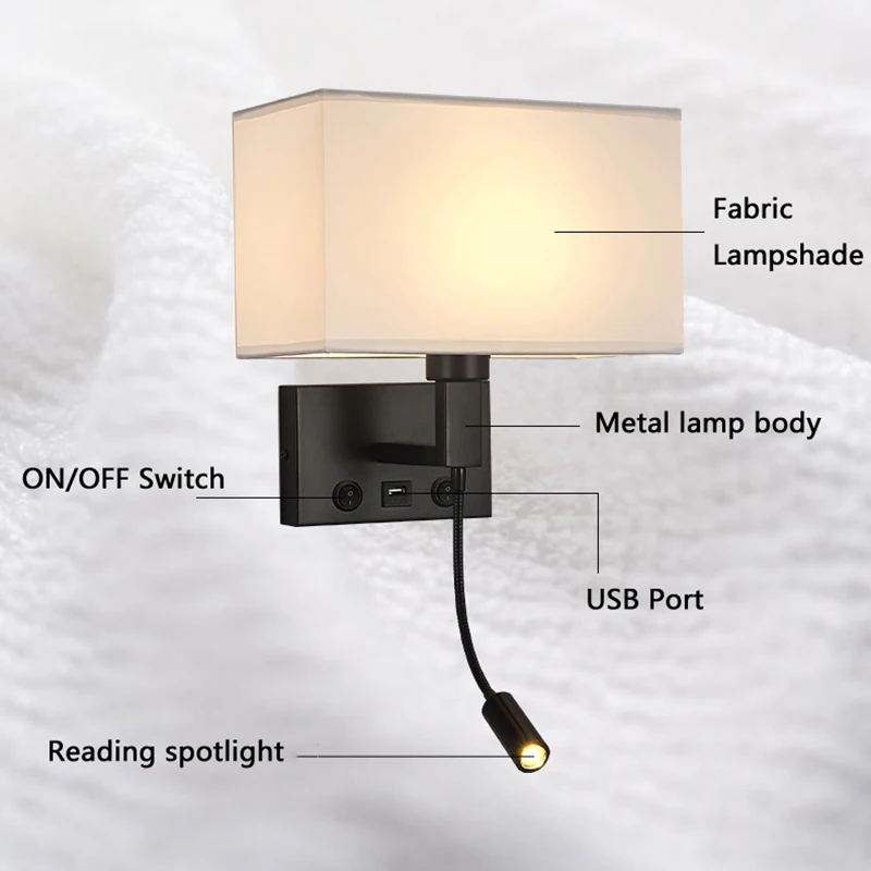 Modern Bedroom Bedside Wall Lamp with USB Port for Charging Phone Cloth Lampshade LED Hotel Wall Lights for Reading Spotlight