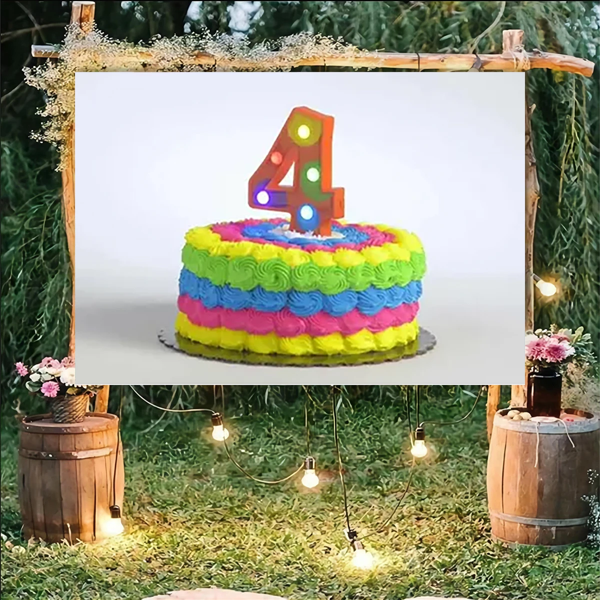 Cake Theme Candle Four Years Old Happy 4th Birthday Backdrop Photography Decoration Present Family Welcome Outside Banner