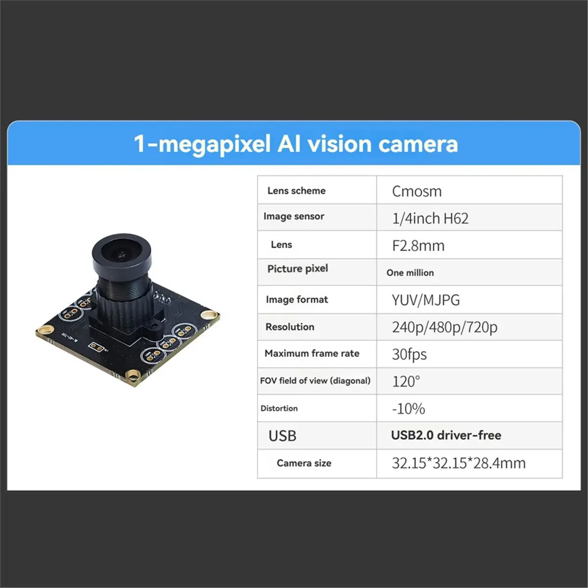 

“QUALITY EXCELLE“1MP USB Camera Module 720P 120° FOV HD AI Vision Wide Angle Drive-Free Board for Smart Robot Car Kit