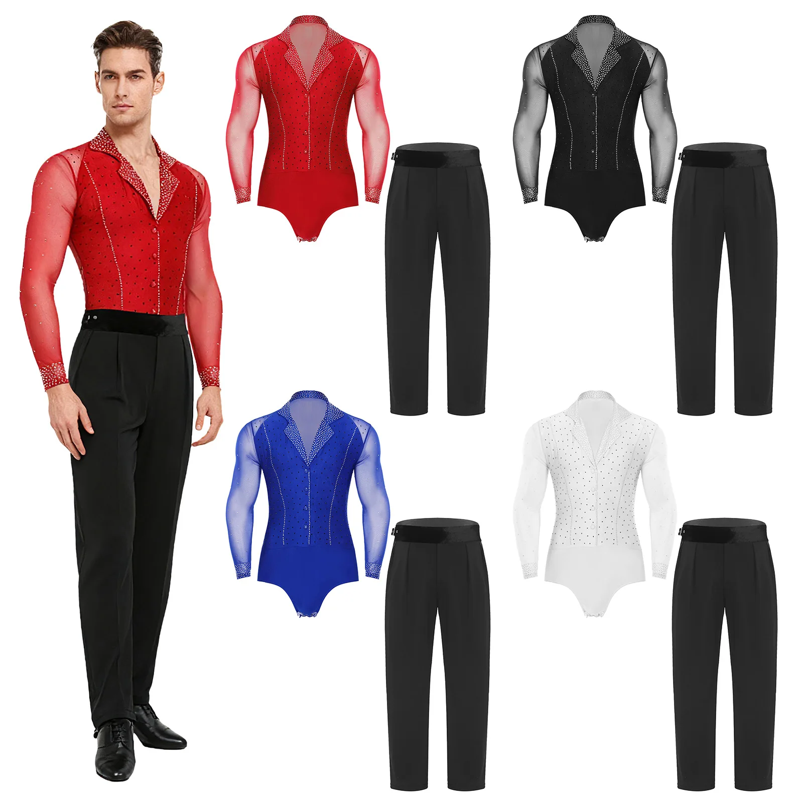 Uomo Vestito da ballo latino Tango Jazz Balletto Salsa Danza Samba Chacha Set Costume Manica lunga Sheer Mesh Patchwork Pantaloni tuta