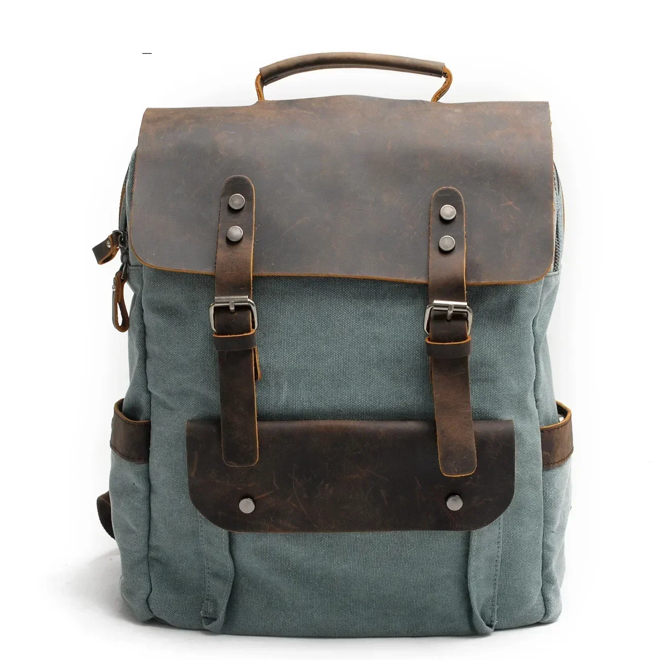 

Vintage Cotton Canvas Backpack With Full-Grain Leather Unisex Preppy Style College Bookbag