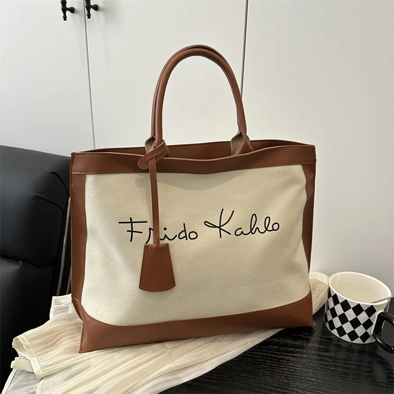 

Retro Handheld Large Capacity Bag for Women, 2025 New Trendy Fashion Canvas Contrast Commuter Single Shoulder Tote Bags