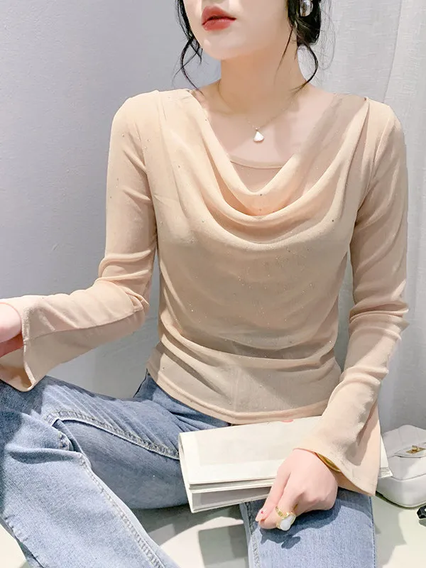 Fashionable Pure Color Mesh Sequin Slimming Long Sleeve Women's Top Elegant Cleanfit Style Autumn New Arrival Stack Collar