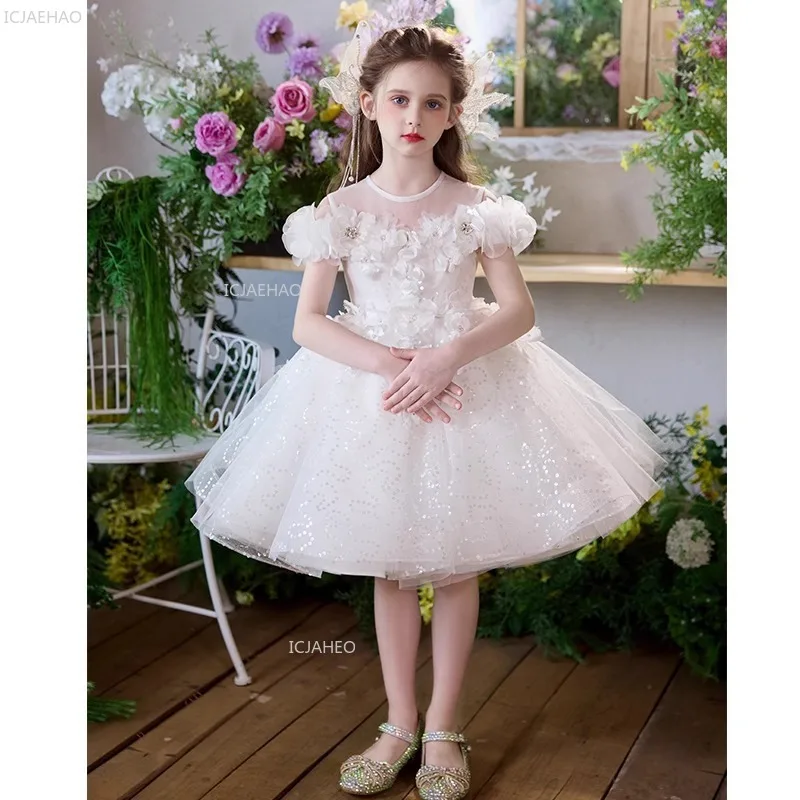 Girls Princess Party Dress Flower Girl Wedding Gown Birthday Bride Flower Girl Piano Performance Pageant Formal Children Dresses