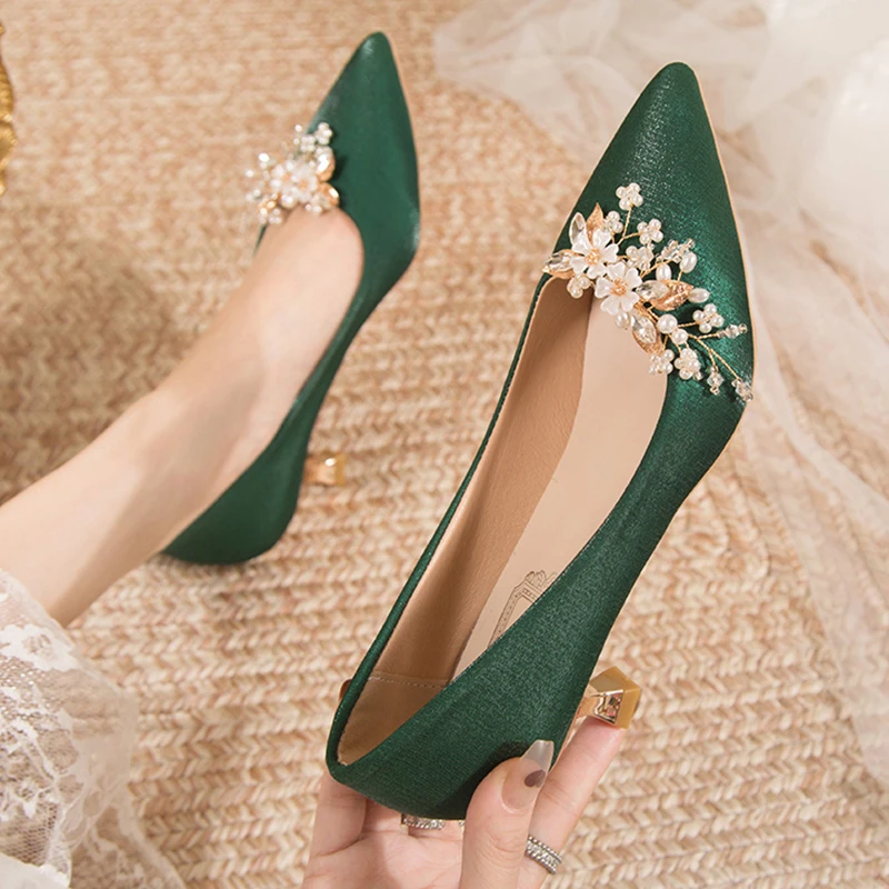 Flowers Pointed Toe Pumps for Women 2022 New Green Silk Low Heels Shoes Woman Slip on Thin Heeled Lady Shoes Green Party Shoes