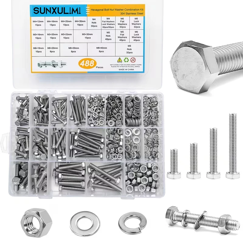 488-piece stainless steel hex bolt and nut assortment set, available in sizes M4, M5, and M6, suitable for various machinery, ho