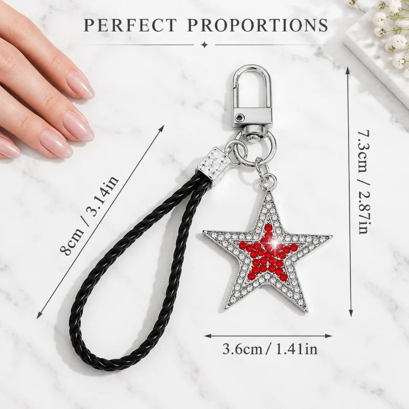 Rhinestone Star Keychain Black Braided Wrist Strap Sparkly Bag Charm Pendant Women Handbag Decor Gift