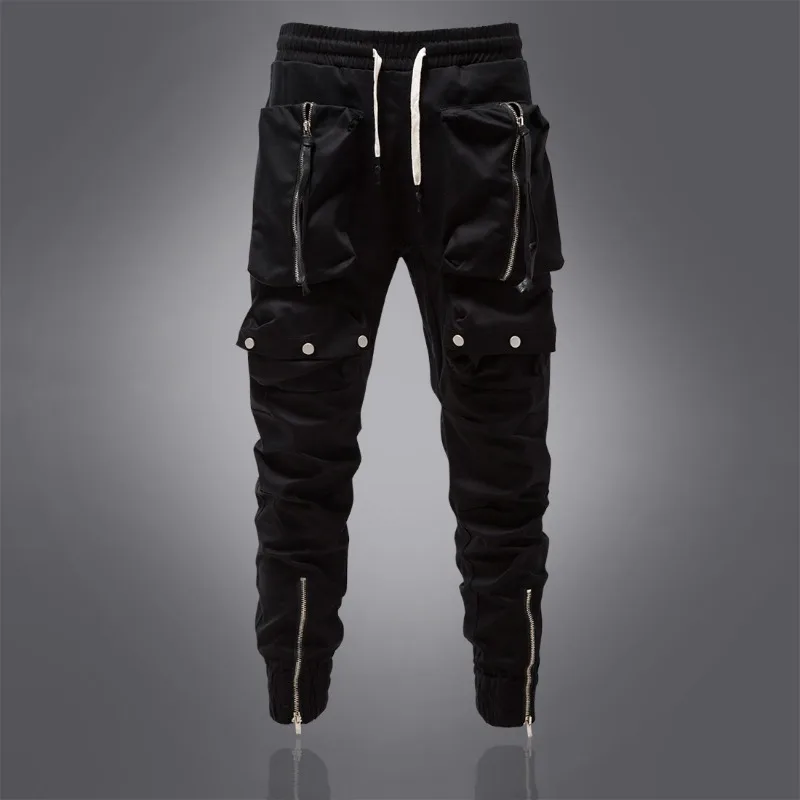 New Cotton Casual Pants Mens Zipper Decorative Large Pocket Elastic Waist Leggings Trousers Men