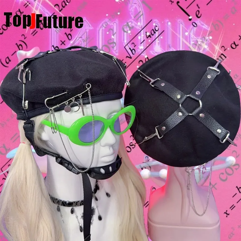 Y2K Spicy Girl Japanese Alternative Subculture Niche Fashion Beret With Pin Metal Cross Pendant Gothic Punk Streetwear Hat