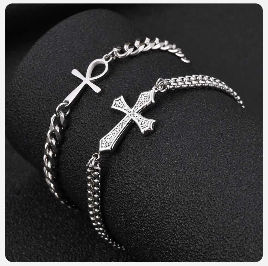 Vnox Edelstahl-Kreuz-Ankh-Charm-Armband für Männer und Frauen, kubanische Box-Kette, verstellbar 18–23 cm, gotischer religiöser Schmuck, Geschenk – Detail 5