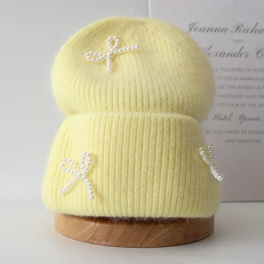 Damska czapka z dzianiny z perłową kokardą i mankietami dla kobiet Stretch Ribbed Fluffy Angora Soft Casual Stacking Knitted Bonnet Cap