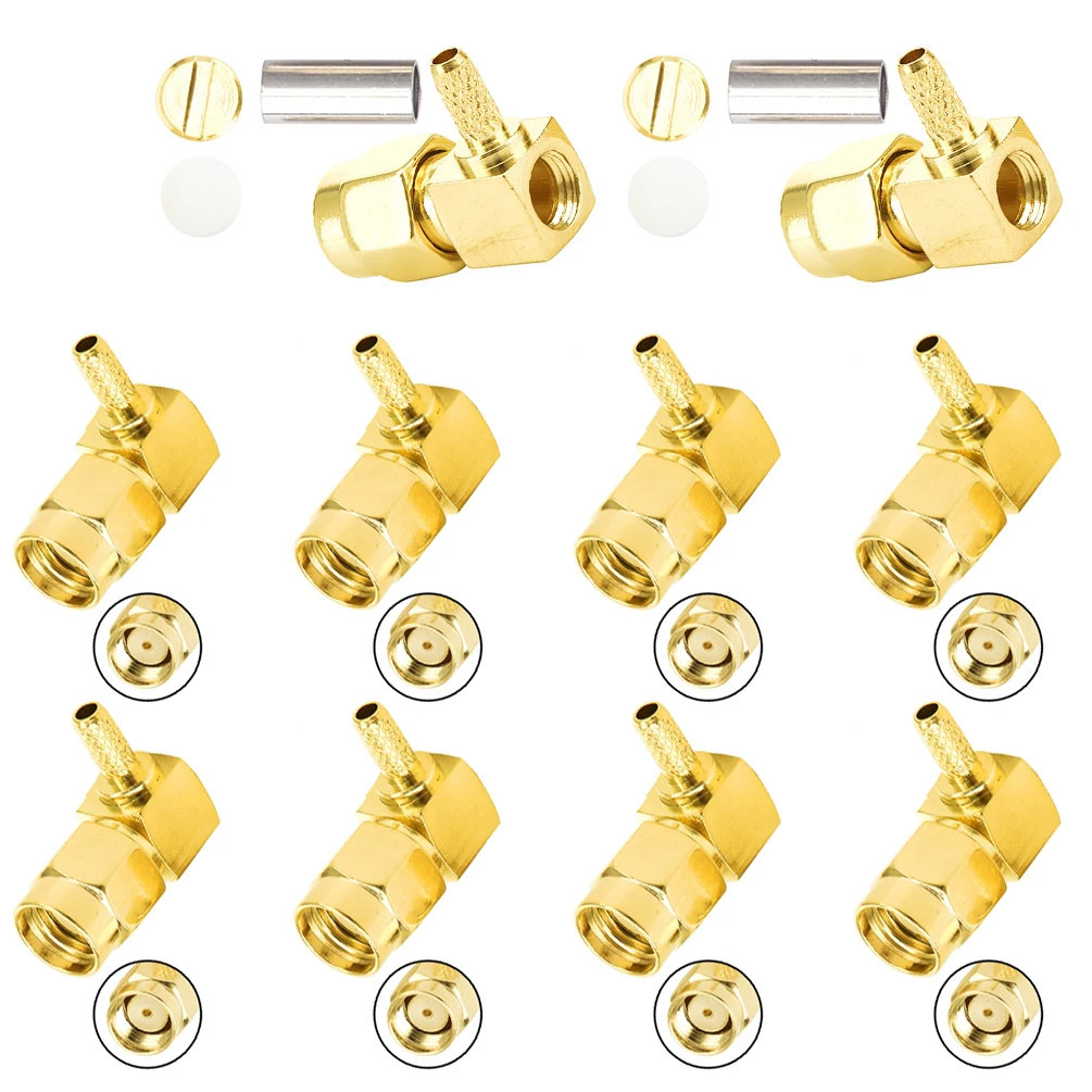 10PCS SMA Male/RP SMA Female Pin Right-Angle RF Connector Crimp, Compatible with RG174 RG316 LMR100 Cables, Wide Temp