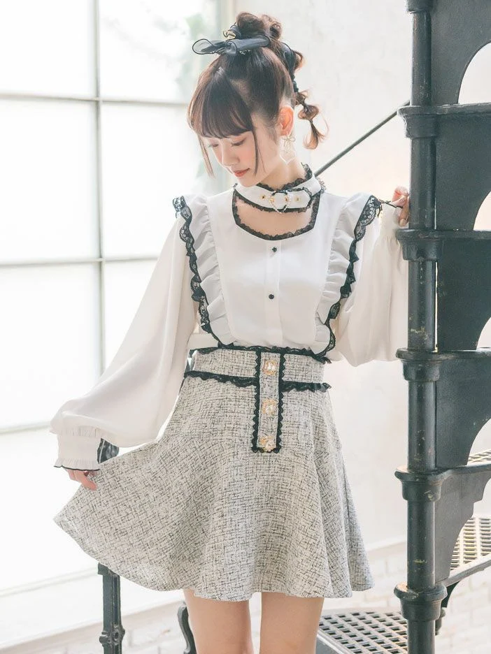 Japanese Mine Style Rojita Shirt Heart Buckle Ruffle Lace Patchwork Flare Sleeves Single-Breasted Sweet Lolita Blouse Tops Women