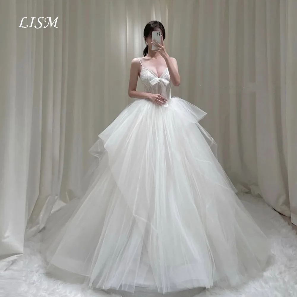 LISM Sweetheart A-Line 리본 한국 웨딩 드레스 맞춤형 실크 Tulle 긴 우아한 신부 가운 결혼식 드레 사진 촬영