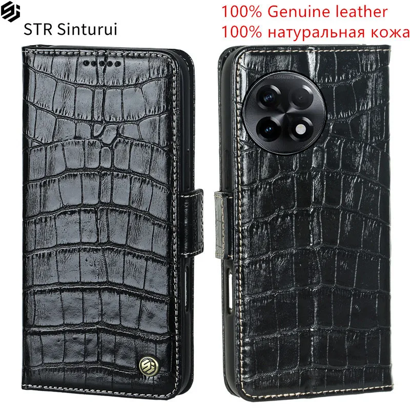 

STR Genuine crocodile grain leather card Slot Wallet Cover For OnePlus 11R 11 10T 10R 10 Pro 9 9R 9RT Flip phone shockproof Case