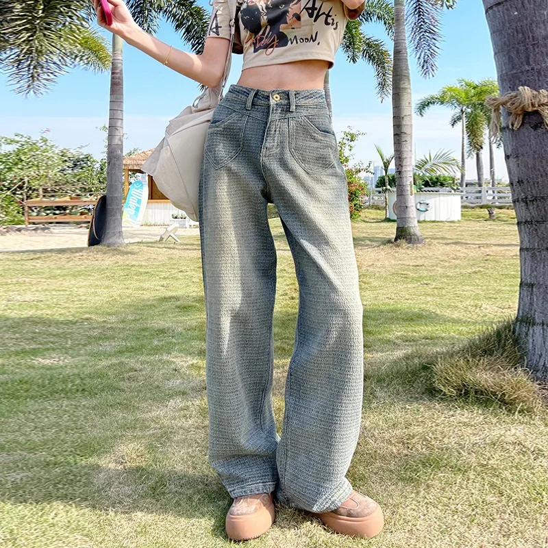 Calça jeans reta de cintura alta feminina, estilo coreano, monocromática, de comprimento total, senhora do escritório, jeans casual versátil, feminina