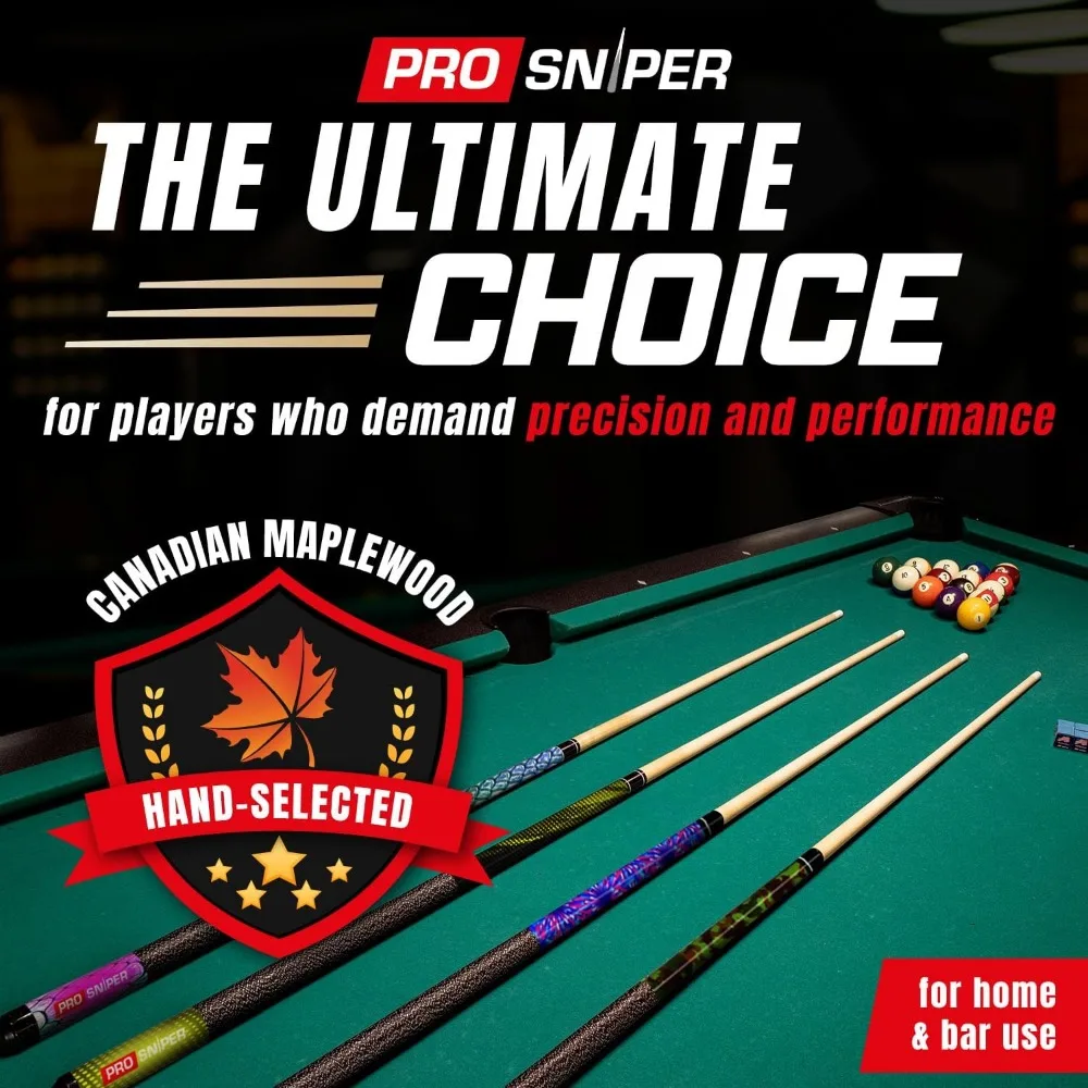 مجموعة عصا حمام السباحة المكونة من 4 قطع من الدرجة الاحترافية مع أعمدة القيقب الكندية وأطراف الانحراف المنخفض والطباشير الإضافية للعبة المحسنة