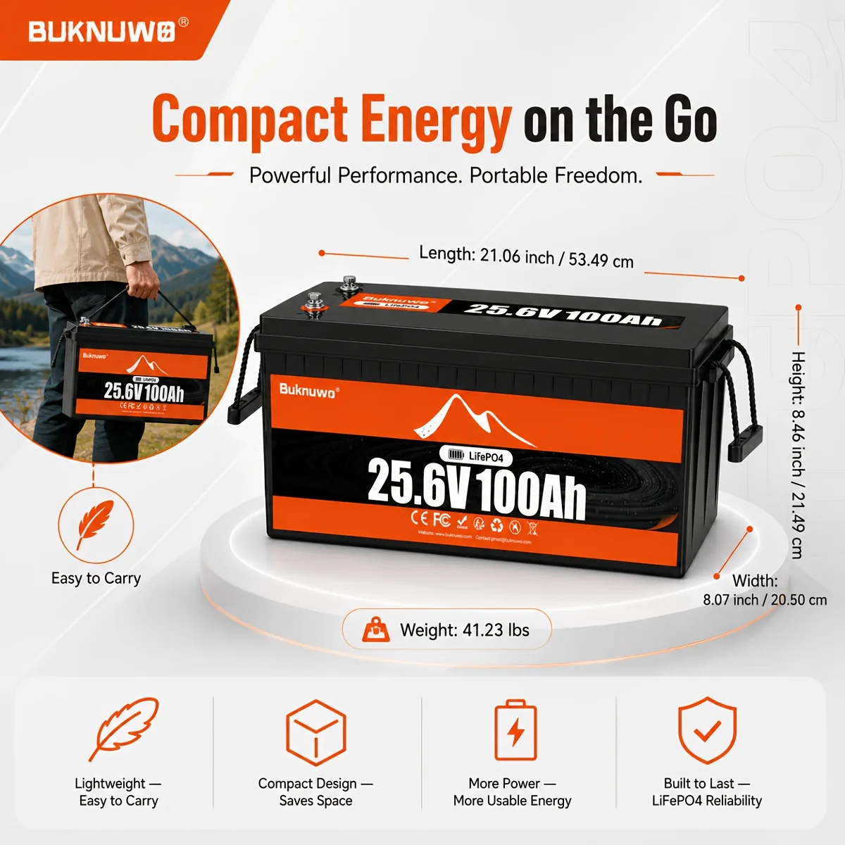 Buknuwo 24V 100Ah Bluetooth And Non-Bluetooth LiFePO4 Lithium Battery, Built-in 100A BMS Low Temperature Protection Capable Of Over 8000 Deep Cycles Support Parallel Battery And 1/2/4 Pack Available For Trolling Motor, Marine, RV, Solar