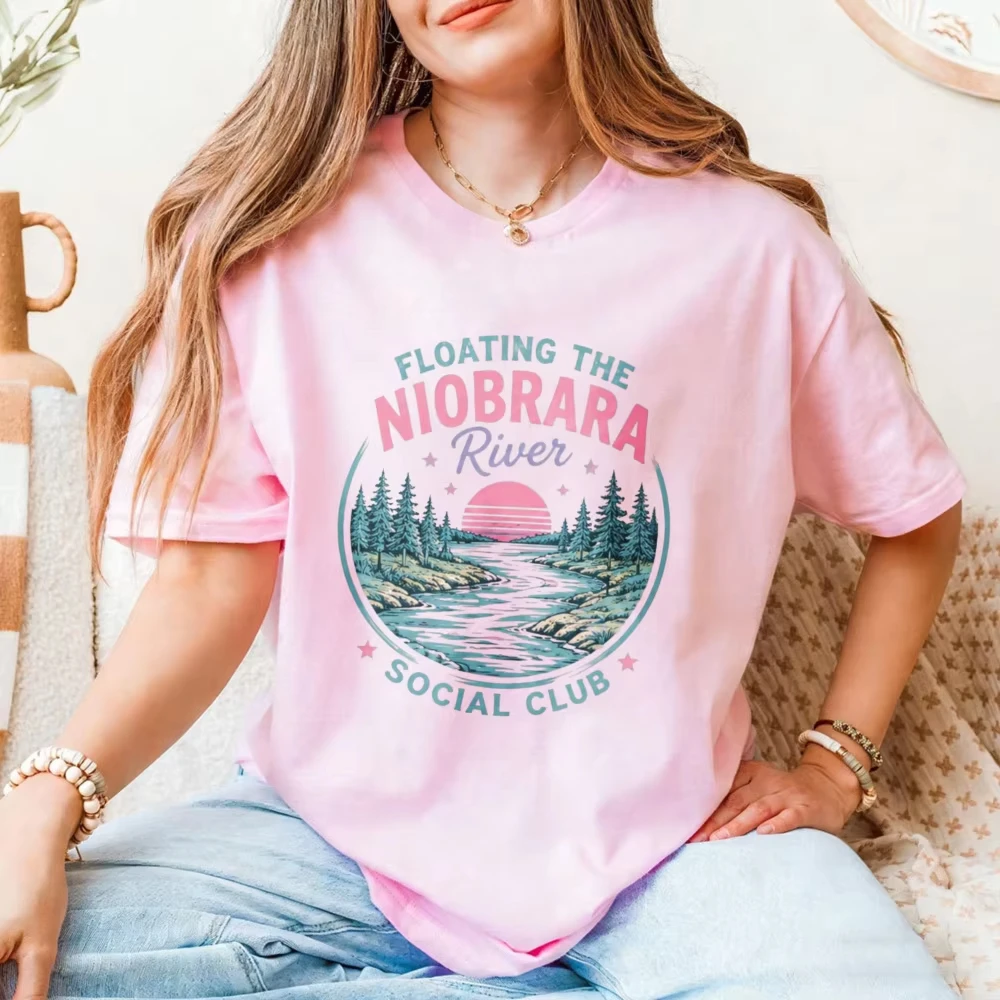 Niobrara River Floating Social Club T Shirt Women Retro Mountain Sunset Circle Print Tee Cotton Loose Outdoor River Trip Tops