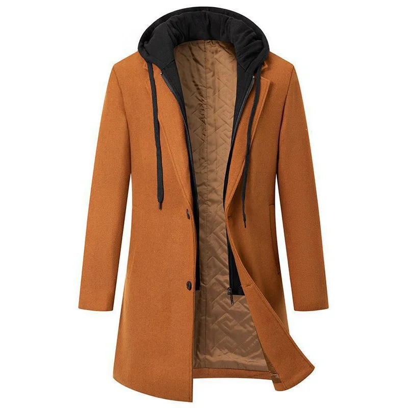 2024Autunno e inverno ispessimento con cappuccio falso in due pezzi cappotto di lana di media lunghezza trapuntato tinta unita trench slim fit