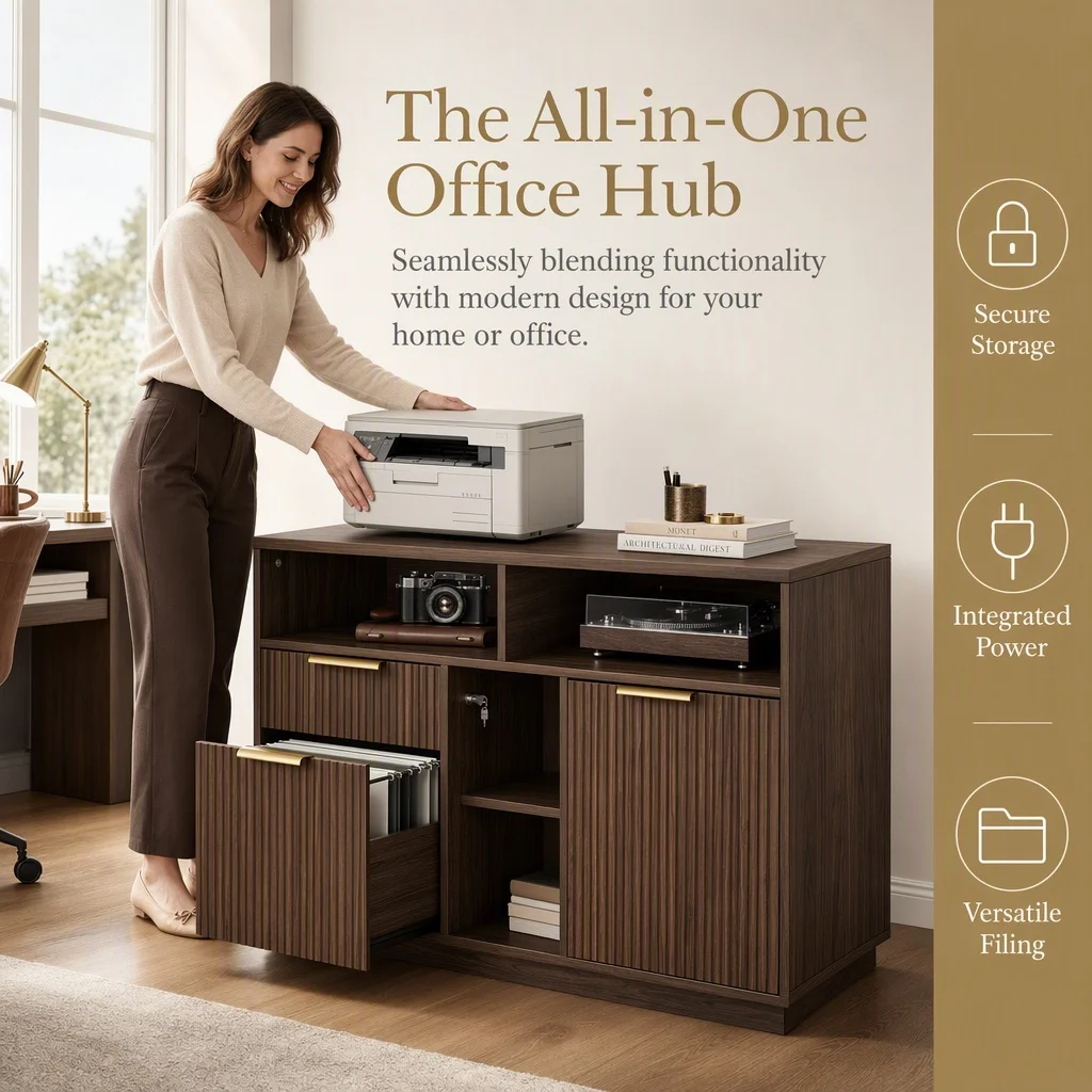 4 Drawer File Cabinet, Fluted Wood Lateral Filing Cabinet with Lock and Charging Station for Home Office, Printer Stand with Open Storage Shelves, Fits A4, Letter Size