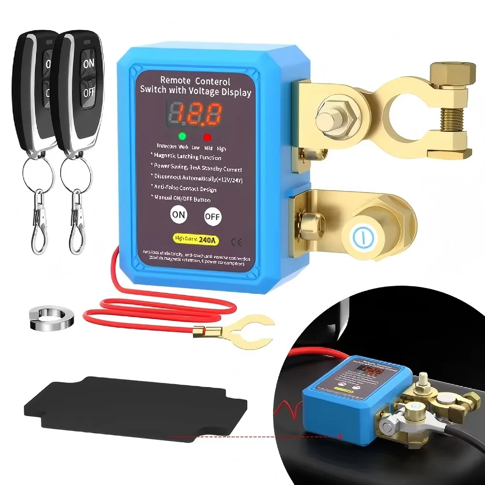 

240A 12V Remote Battery Kill Switch - Auto Power Shut Off, Anti-Theft for Car/Truck/RV, Waterproof with 2 Fobs, 1 Set