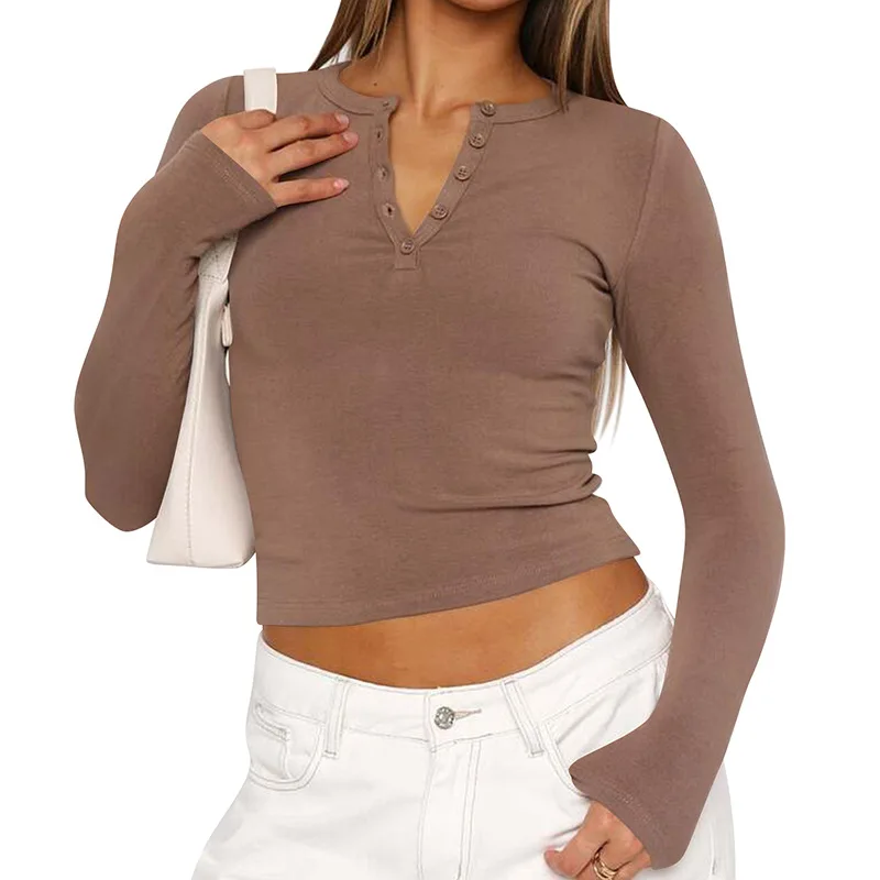 Women's New Slim Fit Fashionable Threaded Groove Button Long Sleeved T-shirt for Women