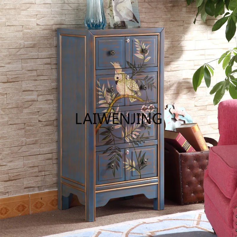 HLZ American chest with lock retro painted blue flower and bird storage solid wood chest of drawers