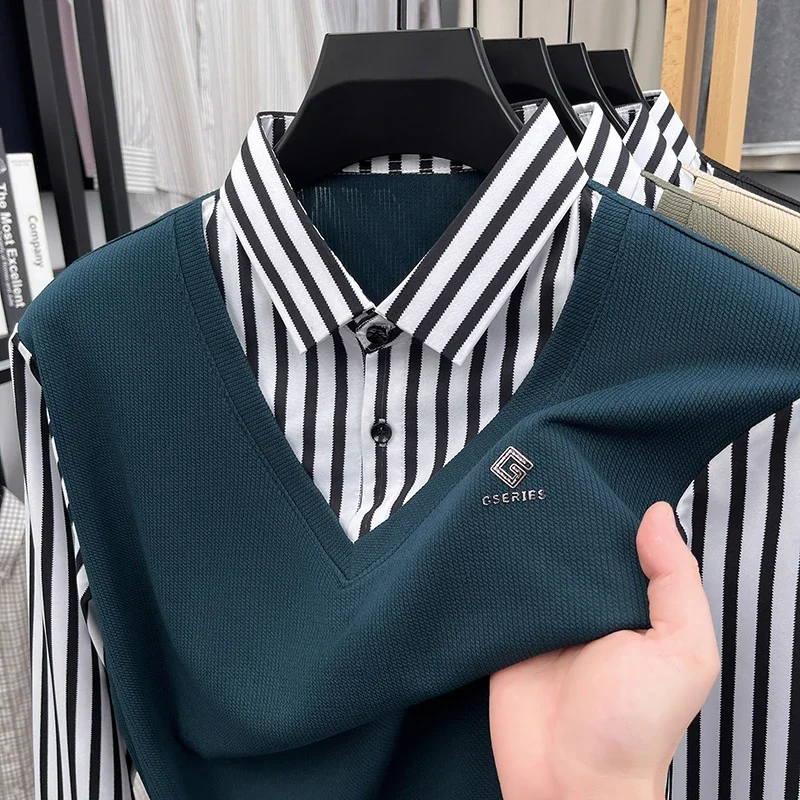 Men Fake Two Piece Striped Shirt Sweater Vest Combo Casual Business Long Sleeve Top