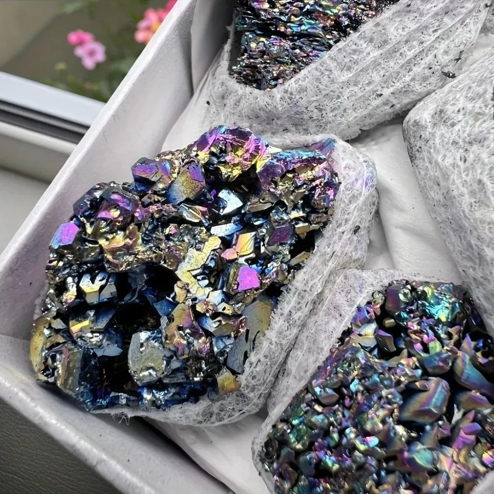 Natural Silicon Carbide Raw Stone Box Set | Electroplated Rainbow Irregular Crystal Specimen, Educational Mineral