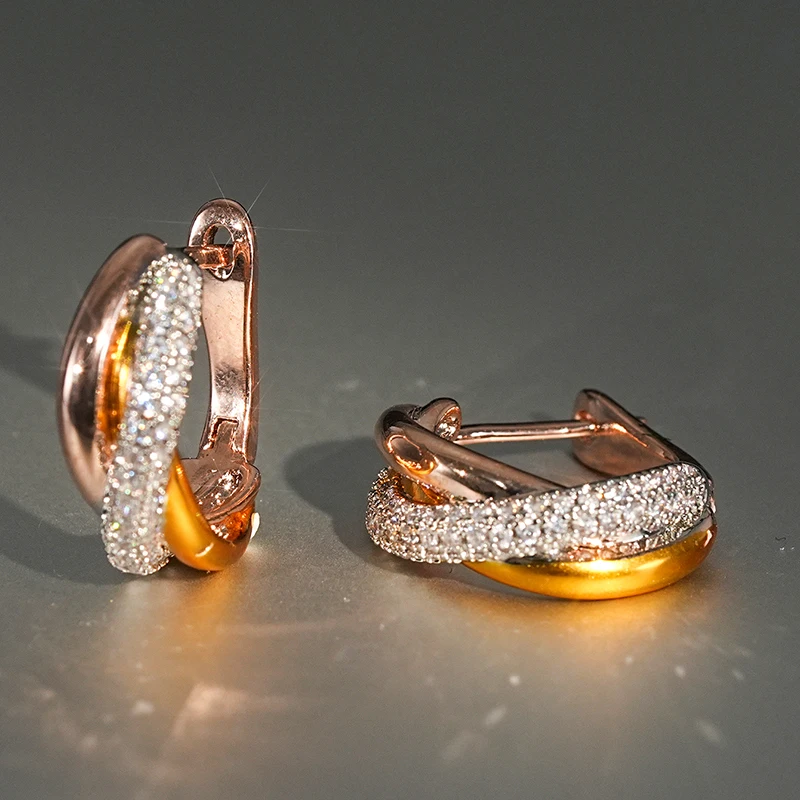 Huitan Unique Three Color Hoop Earrings with Cross Design Exquisite Shiny CZ Accessories for Women Fashion Daily Party Jewelry