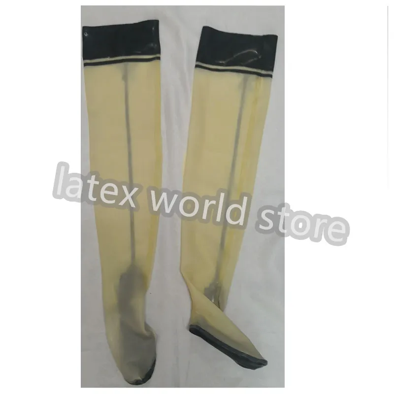 

Handmade Latex Stocking Transparent with Black Sexy Lingerie Fetish Long Rubber Thigh High Socks Cosplay Costumes