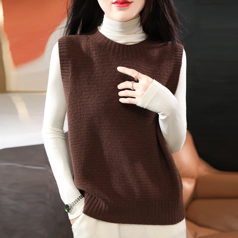 

One-line ready-made clothing, solid color, 100% pure wool knitted vest, female round neck, sleeveless inner layer