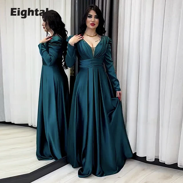 Eightale Green Evening Dress for Wedding Party V-Neck Beaded Long Sleeves  A-Line Satin Arabic Dubai Celebrity Prom Gown - AliExpress