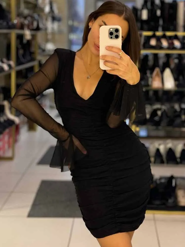 

BKQU Sexy V-neck Ruched Mini Bodycon Dress Women's Summer Mesh Patchwork Long Flare Sleeve Elegant Night Club Short Dress 2025