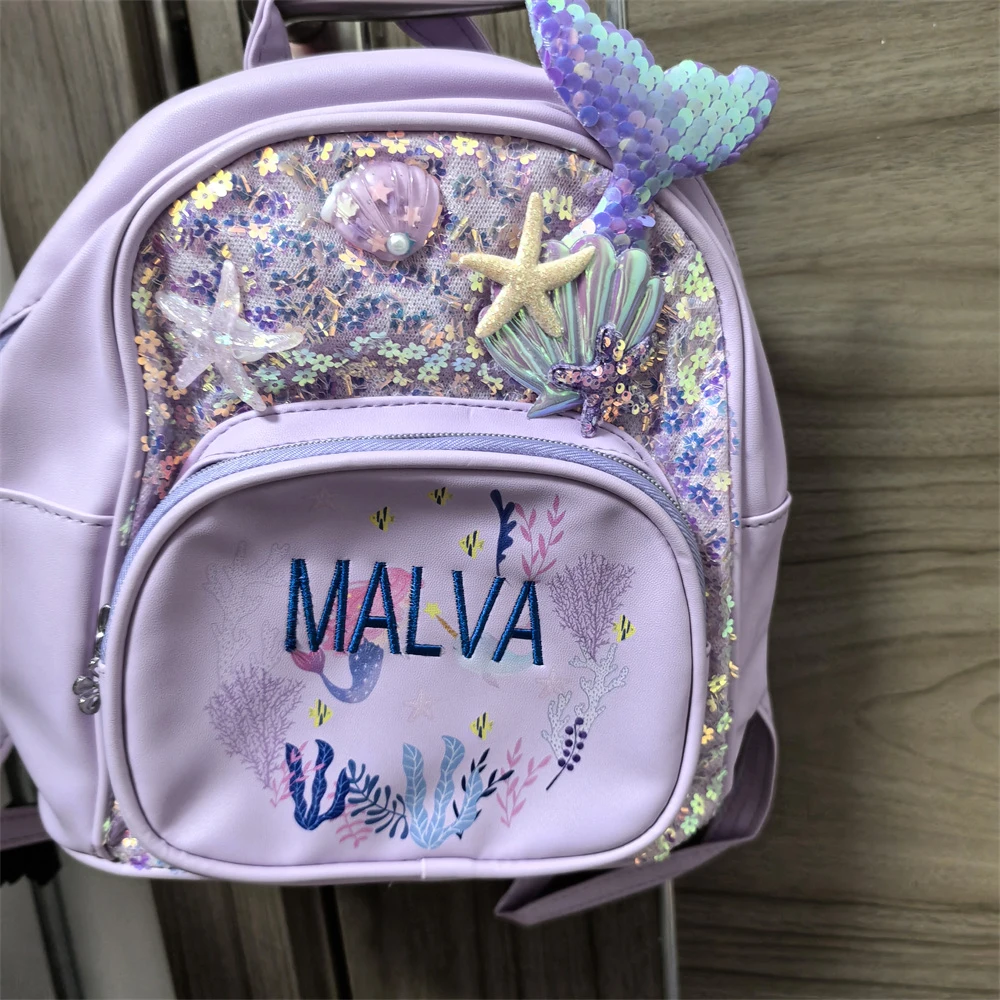 

Personalized Name Little Princess Backpack Custom Girls' Sequin Small Mermaid Backpack Embroidered Name Kindergarten Schoolbags